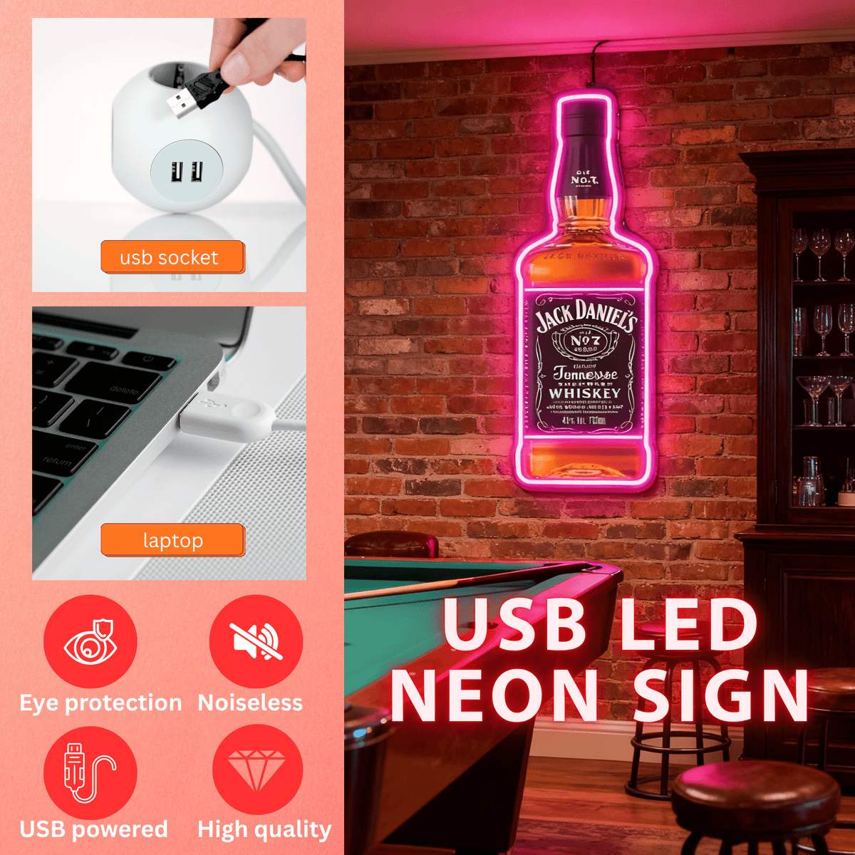 Bourbon Whiskey USB LED Neon Sign Bar Decor Man Cave Home Wall Art