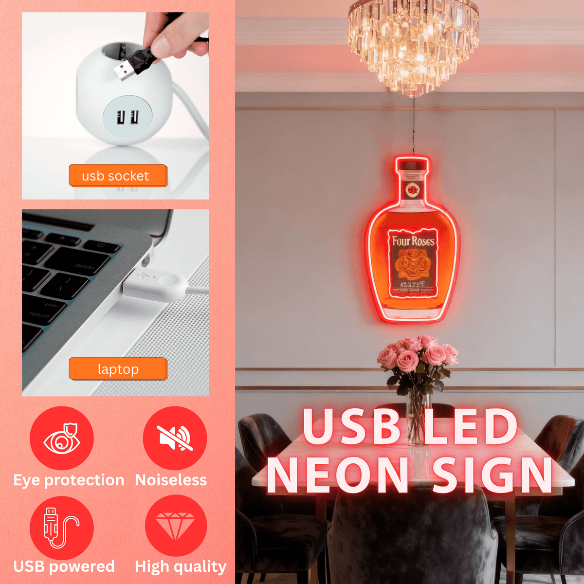 Bourbon Whiskey USB LED Neon Sign Bar Decor Man Cave Home Wall Art