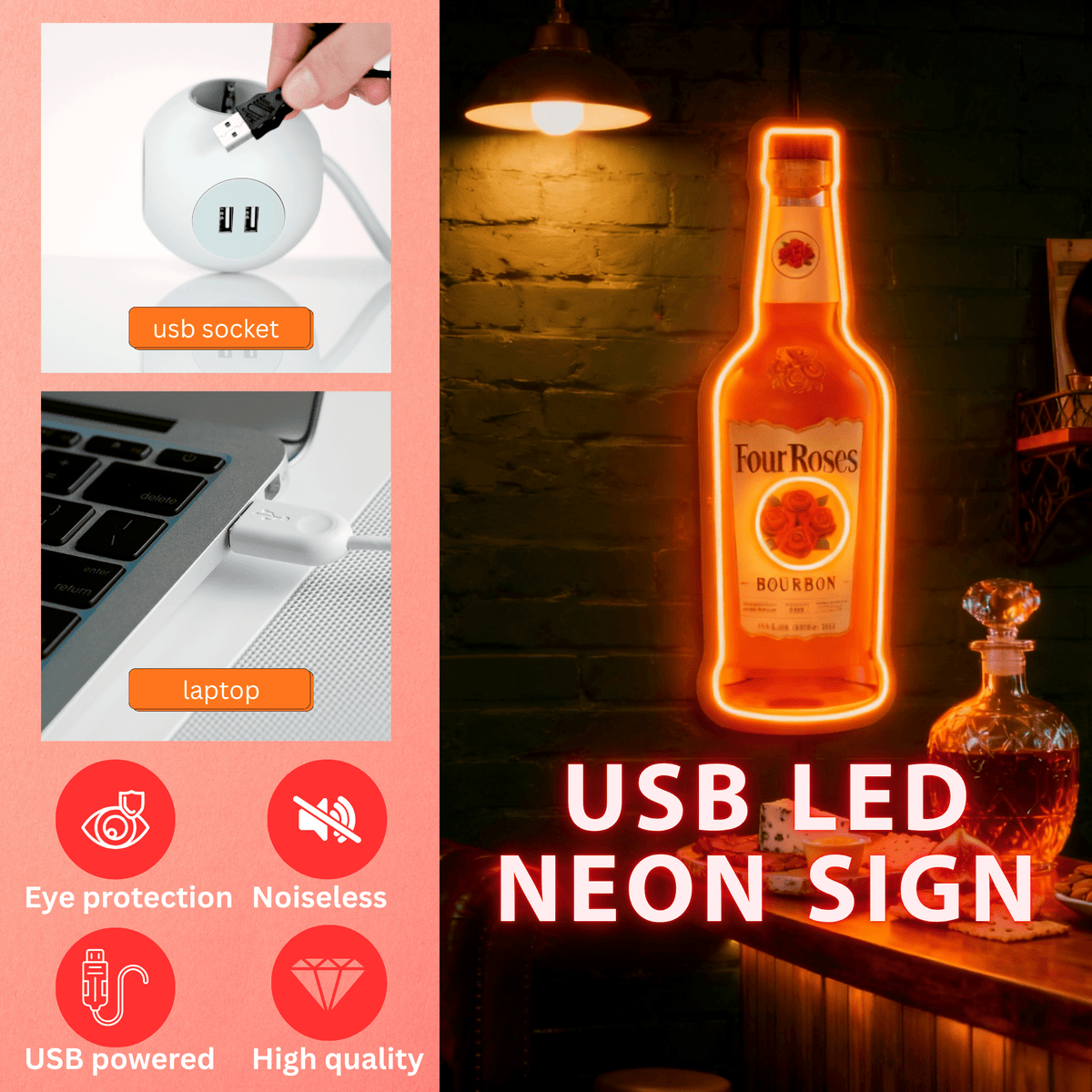 Bourbon Whiskey USB LED Neon Sign Bar Decor Man Cave Home Wall Art