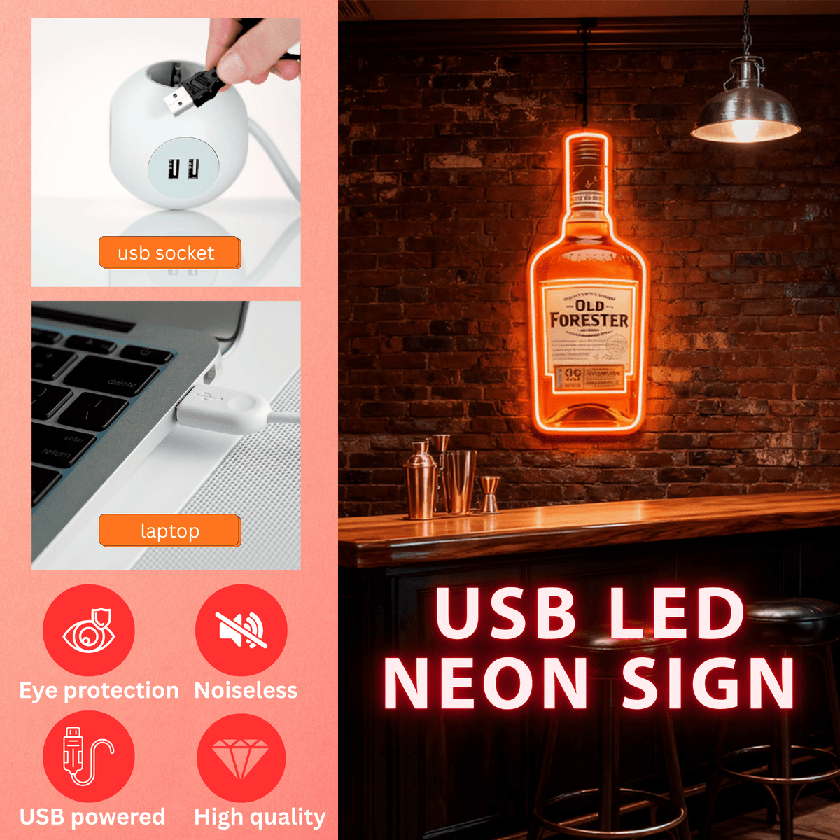 Bourbon Whiskey USB LED Neon Sign Bar Decor Man Cave Home Wall Art