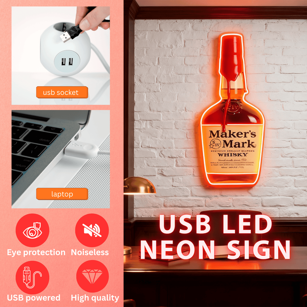 Bourbon Whiskey USB LED Neon Sign Bar Decor Man Cave Home Wall Art