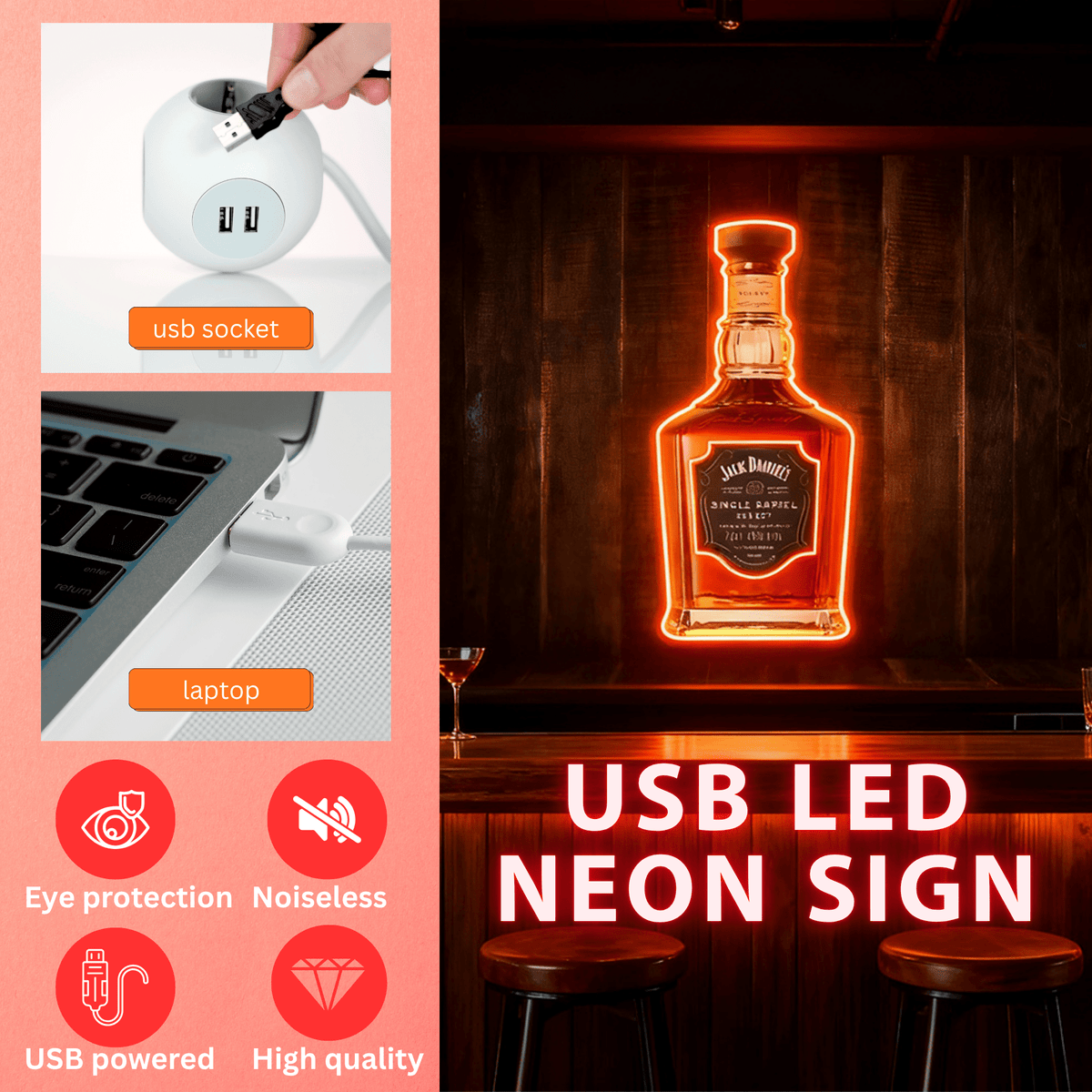 Bourbon Whiskey USB LED Neon Sign Bar Decor Man Cave Home Wall Art