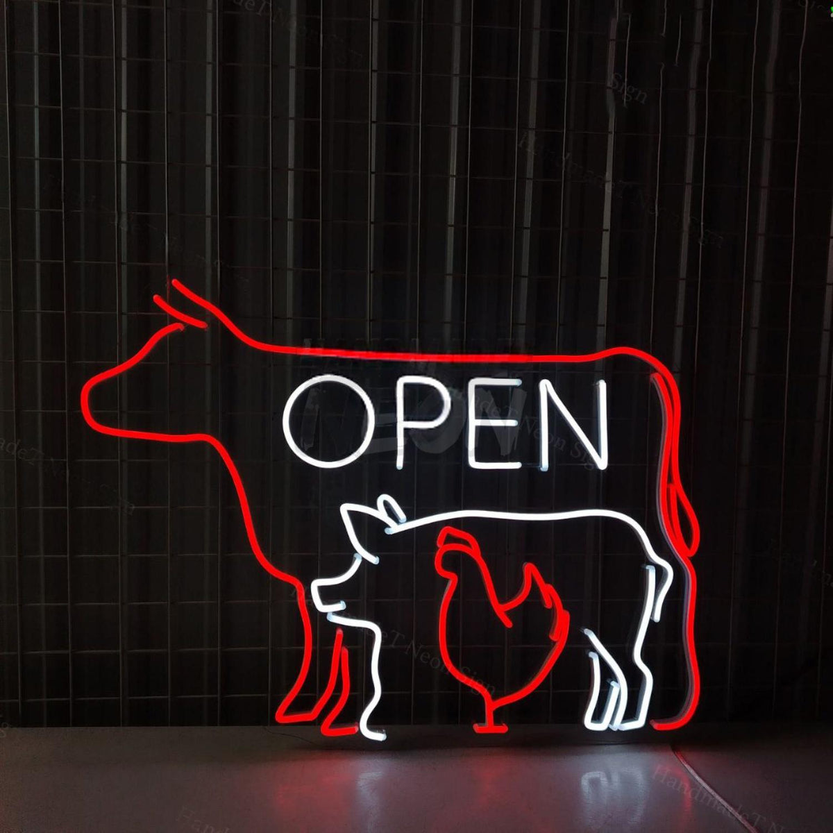 Open Cow Pig Chicken Meat Bbq Restaurant Led Sign