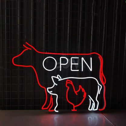Open Cow Pig Chicken Meat Bbq Restaurant Led Sign