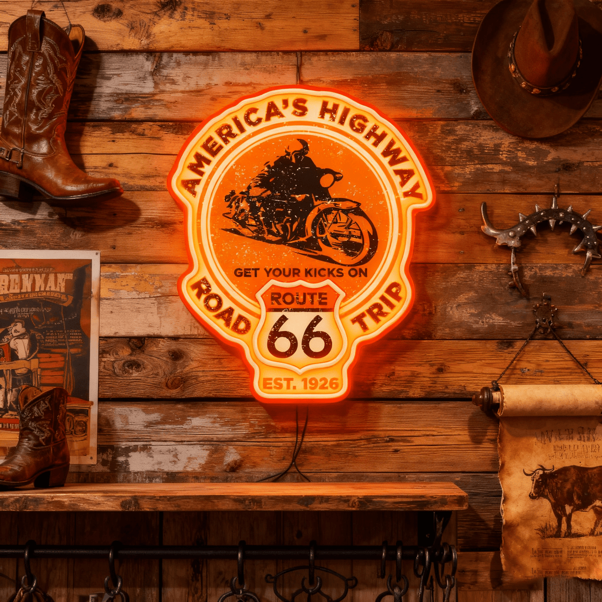 Route 66 Led Neon Sign USB American Retro Road Trip Lover Home Bar Wall Art