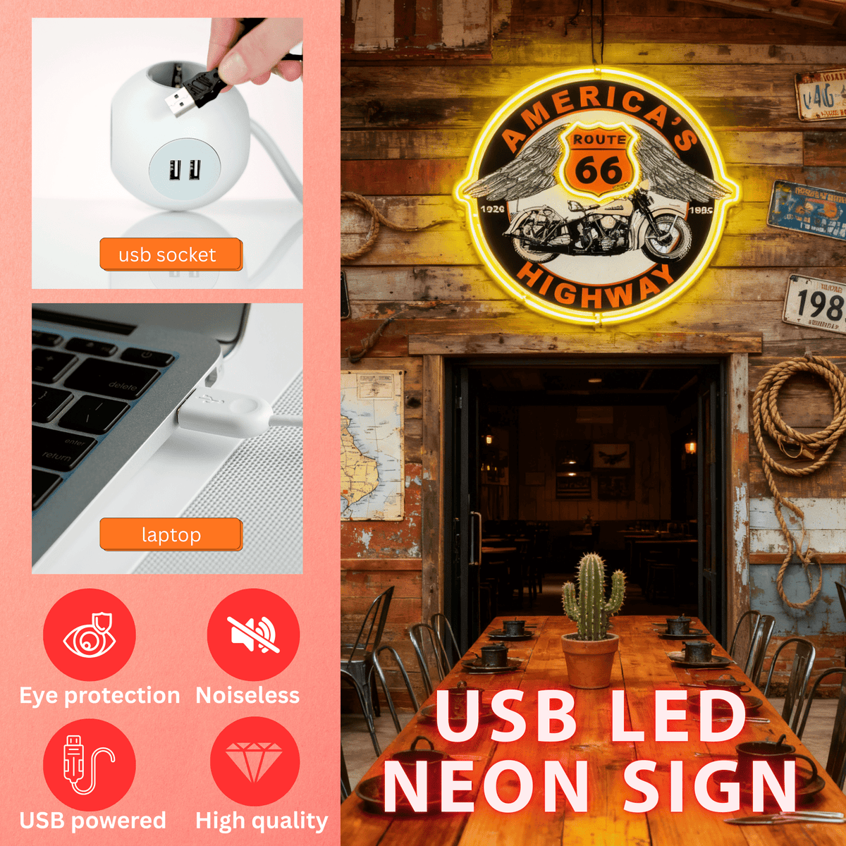Route 66 Led Neon Sign USB American Retro Road Trip Lover Home Bar Wall Art