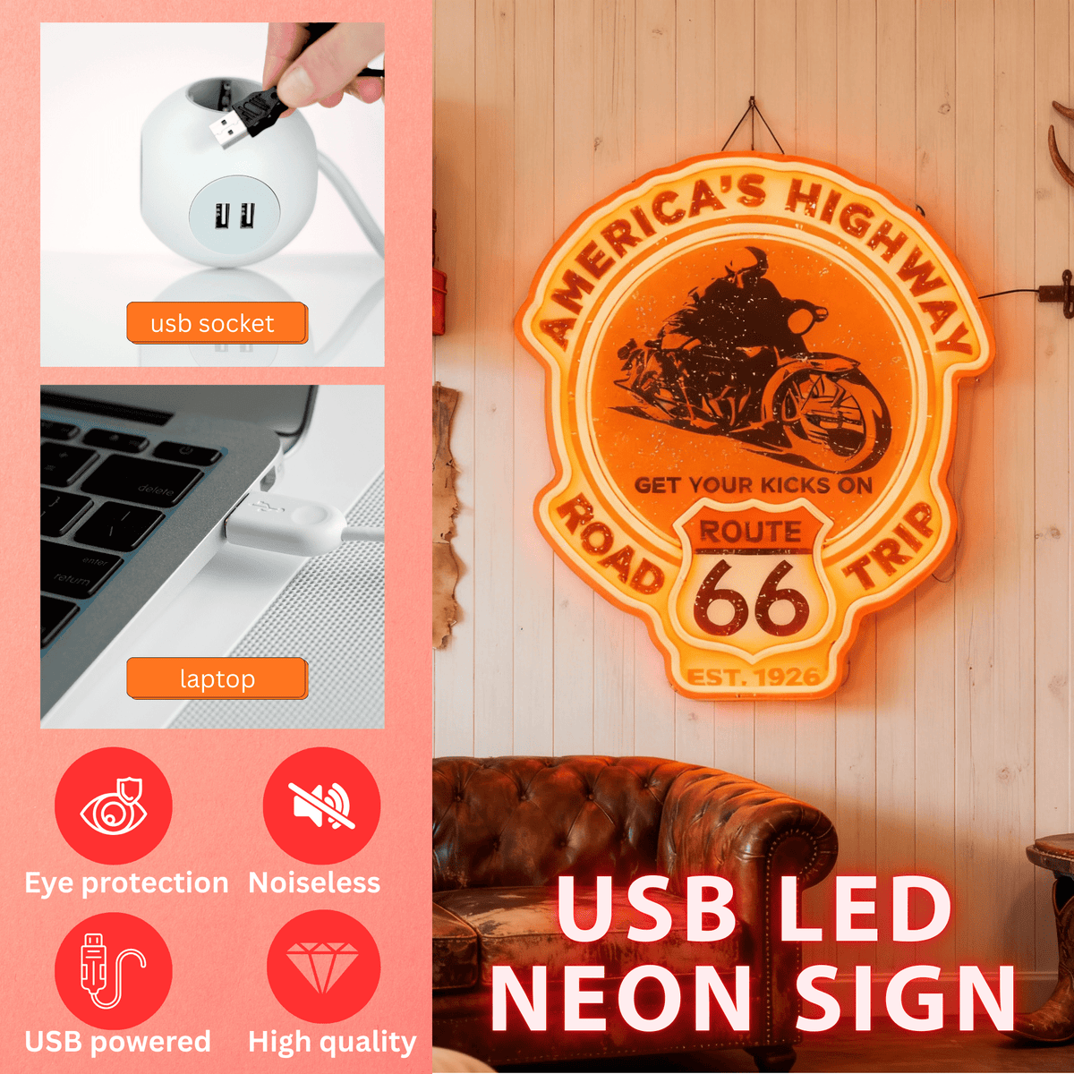 Route 66 Led Neon Sign USB American Retro Road Trip Lover Home Bar Wall Art