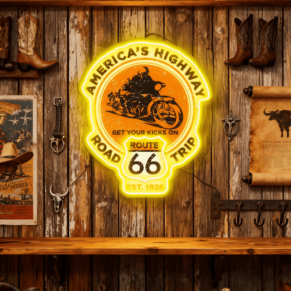 Route 66 Led Neon Sign USB American Retro Road Trip Lover Home Bar Wall Art
