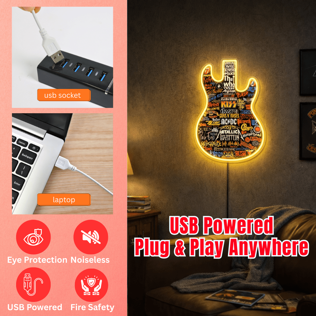 ShineNeon™ Classic Rock Guitar LED Neon Sign - Multi-Band Logo Art for Music Room & Garage