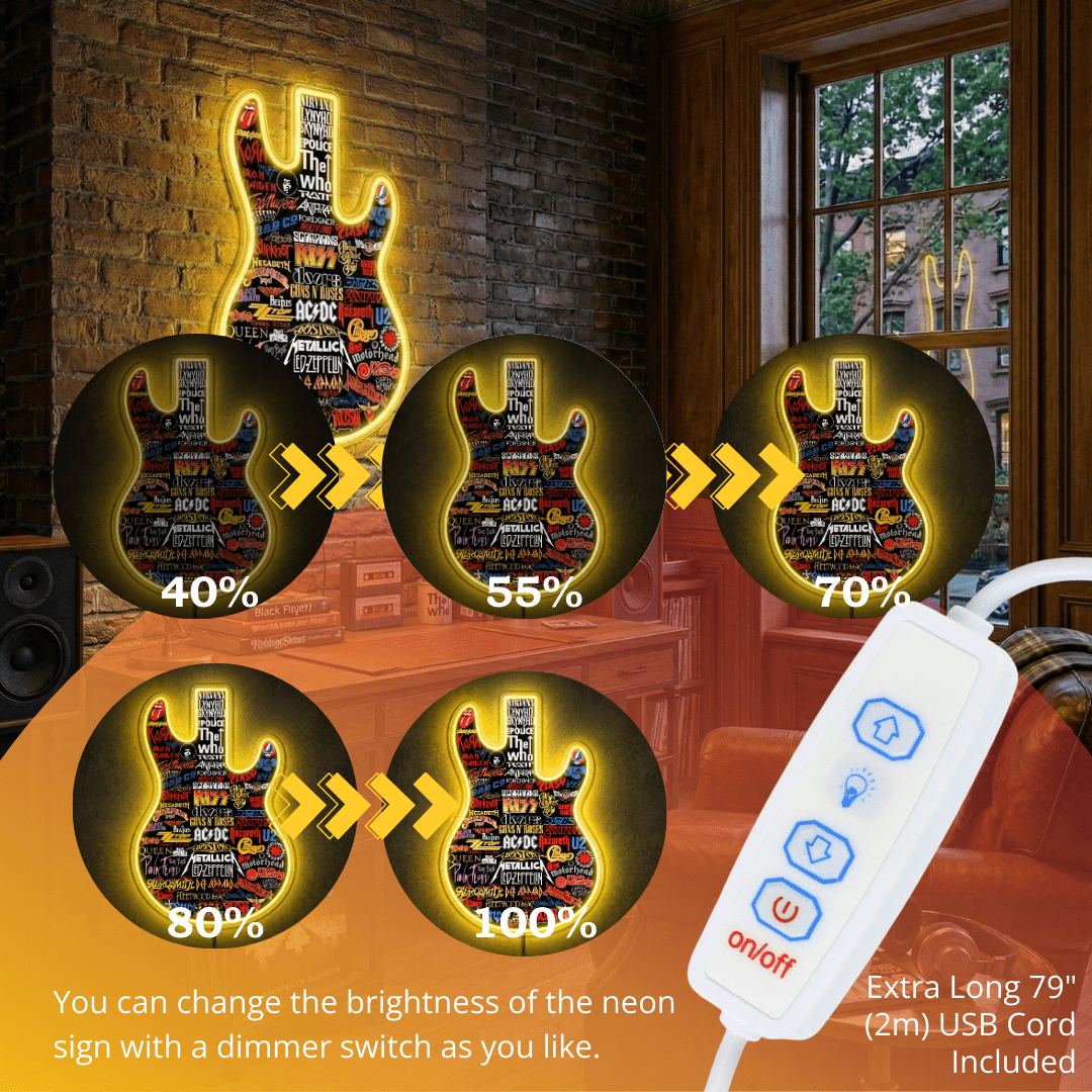 ShineNeon™ Classic Rock Guitar LED Neon Sign - Multi-Band Logo Art for Music Room & Garage