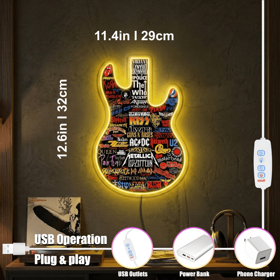 ShineNeon™ Classic Rock Guitar LED Neon Sign - Multi-Band Logo Art for Music Room & Garage