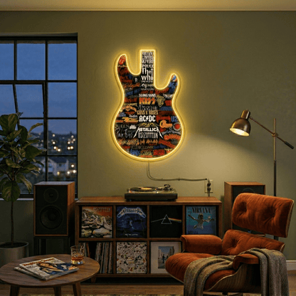 ShineNeon™ Classic Rock Guitar LED Neon Sign - Multi-Band Logo Art for Music Room & Garage