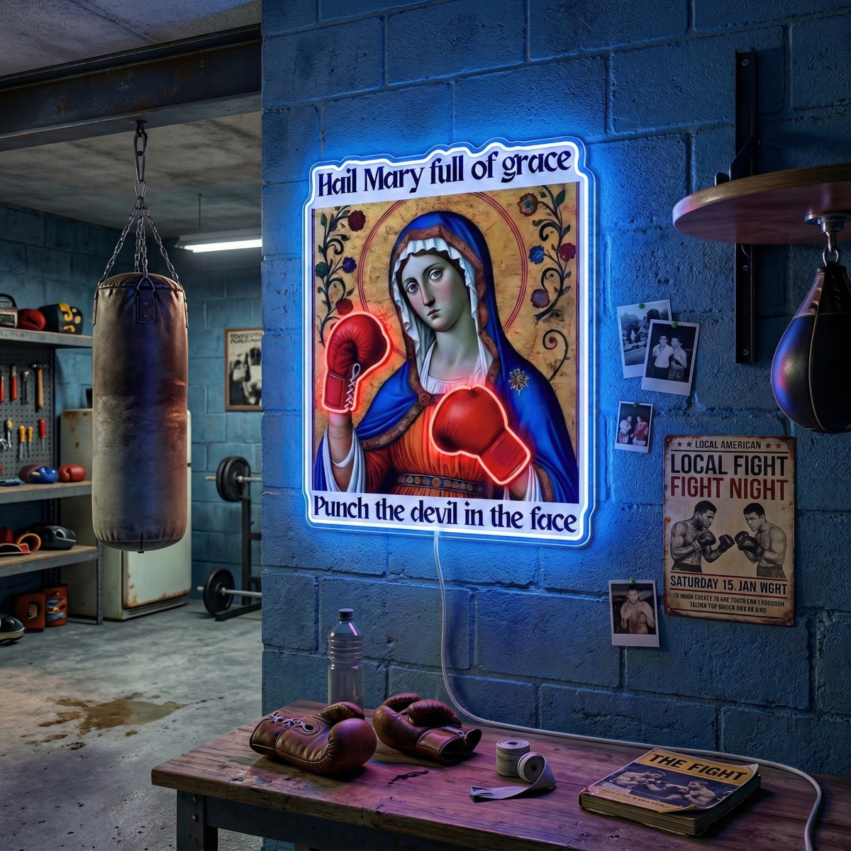 ShineNeon™ Punch The Devil Boxing Mary Neon Sign - Holy Art Glow & USB Power