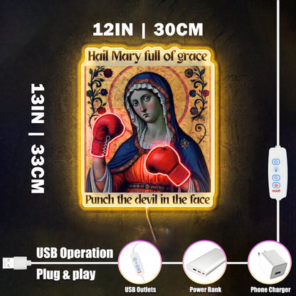 ShineNeon™ Punch The Devil Boxing Mary Neon Sign - Holy Art Glow & USB Power