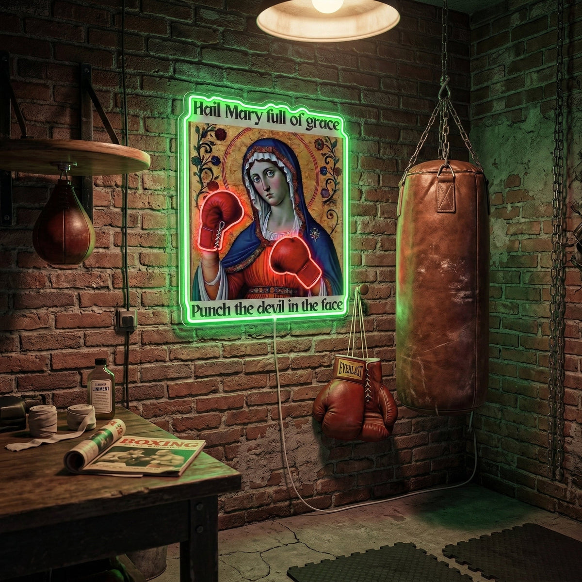 ShineNeon™ Punch The Devil Boxing Mary Neon Sign - Holy Art Glow & USB Power