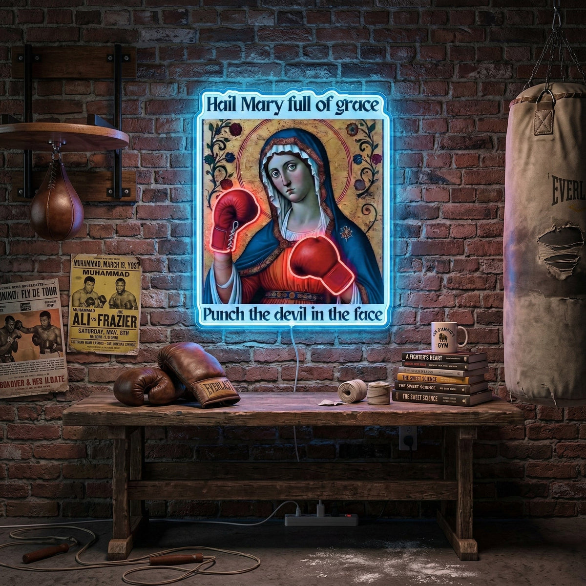 ShineNeon™ Punch The Devil Boxing Mary Neon Sign - Holy Art Glow & USB Power
