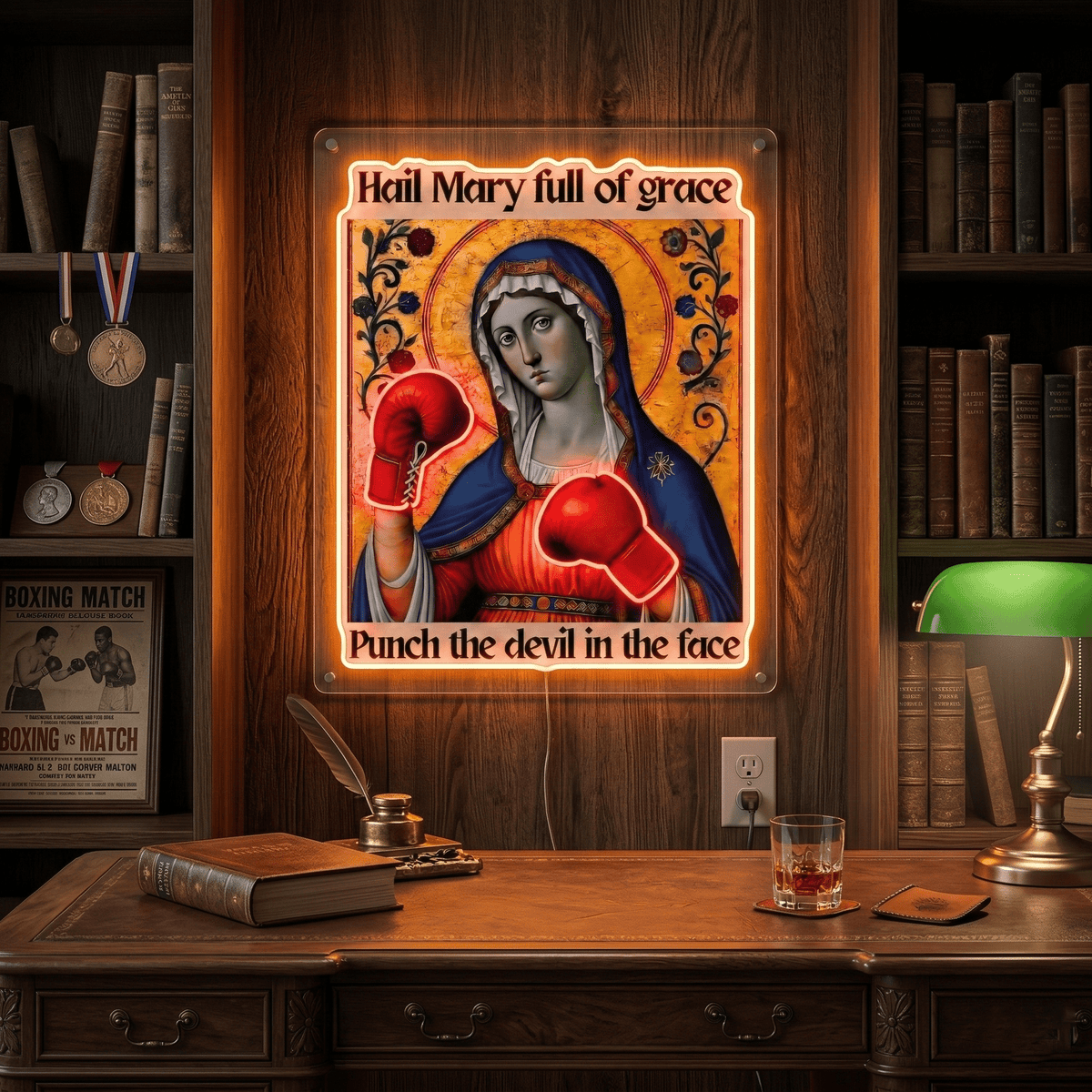 ShineNeon™ Punch The Devil Boxing Mary Neon Sign - Holy Art Glow & USB Power