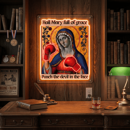 ShineNeon™ Punch The Devil Boxing Mary Neon Sign - Holy Art Glow & USB Power