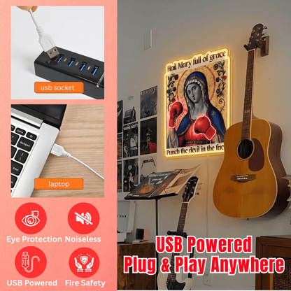 ShineNeon™ Punch The Devil Boxing Mary Neon Sign - Holy Art Glow & USB Power