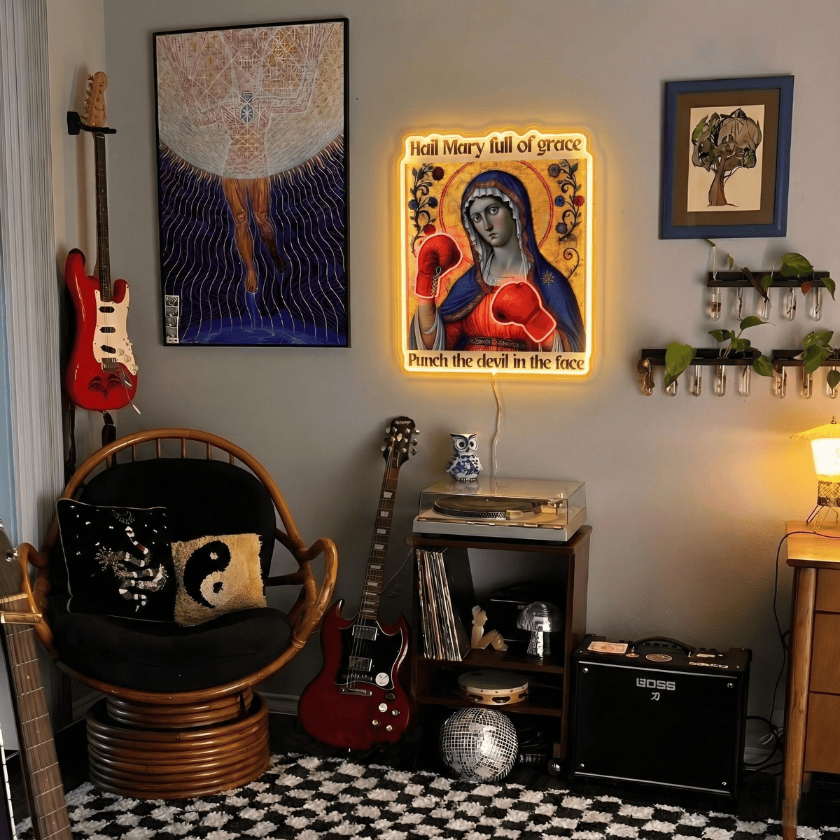 ShineNeon™ Punch The Devil Boxing Mary Neon Sign - Holy Art Glow & USB Power