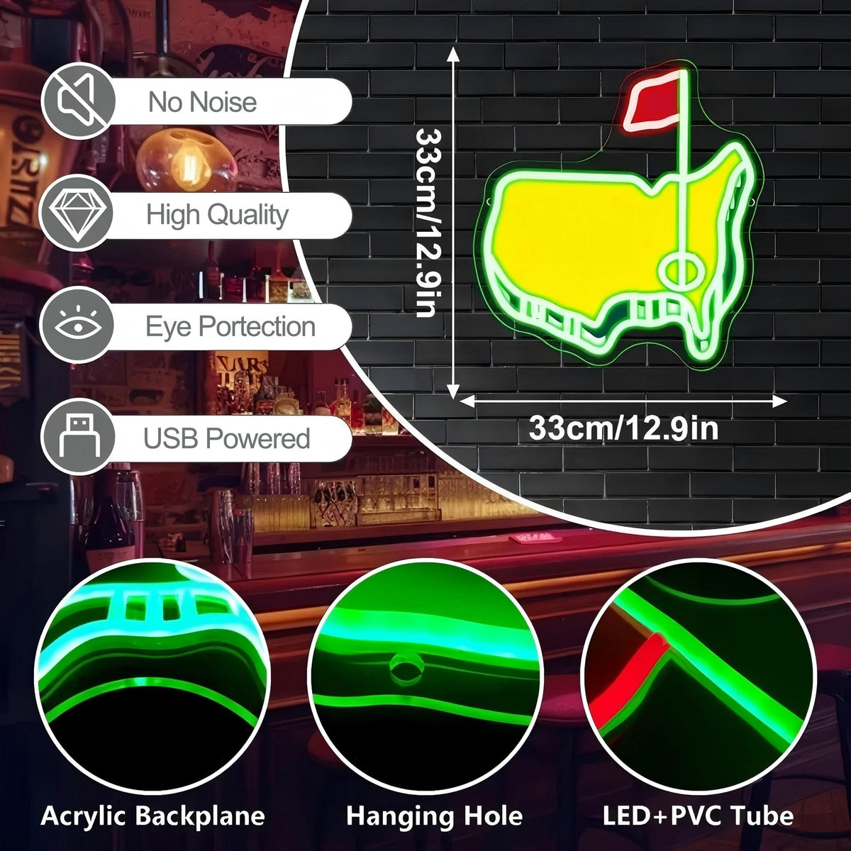 Golf USB LED Neon Sign for Man Cave & Bar Wall Decor Gift