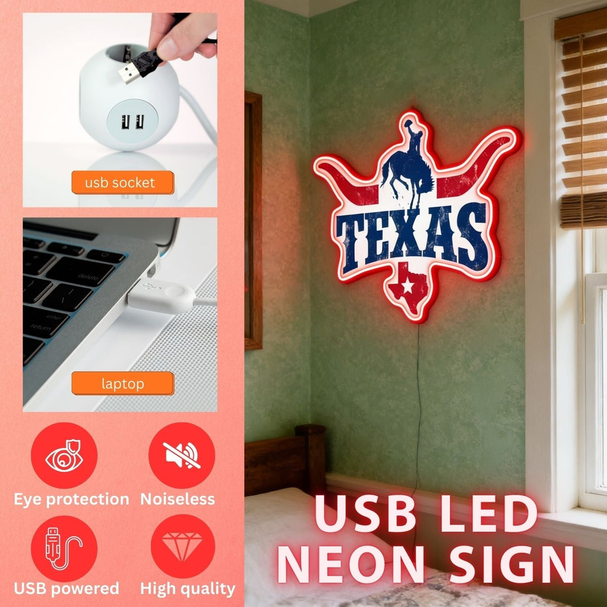 Texas LED USB Neon Signs Iconic Texas Wall Decor for Garages Man Cave