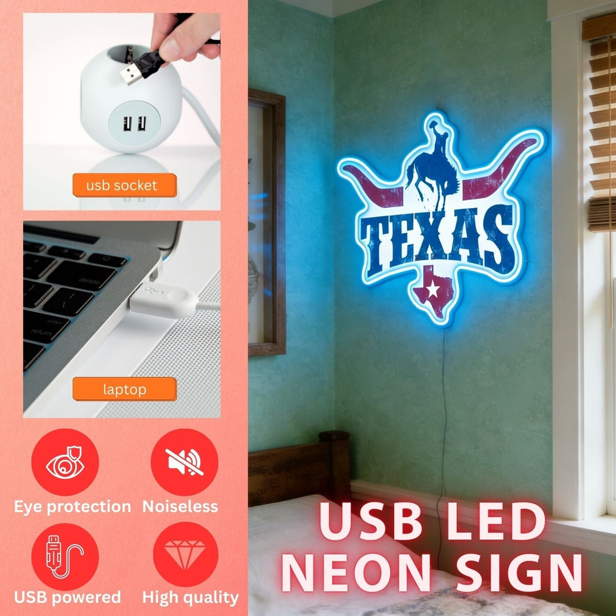Texas LED USB Neon Signs Iconic Texas Wall Decor for Garages Man Cave