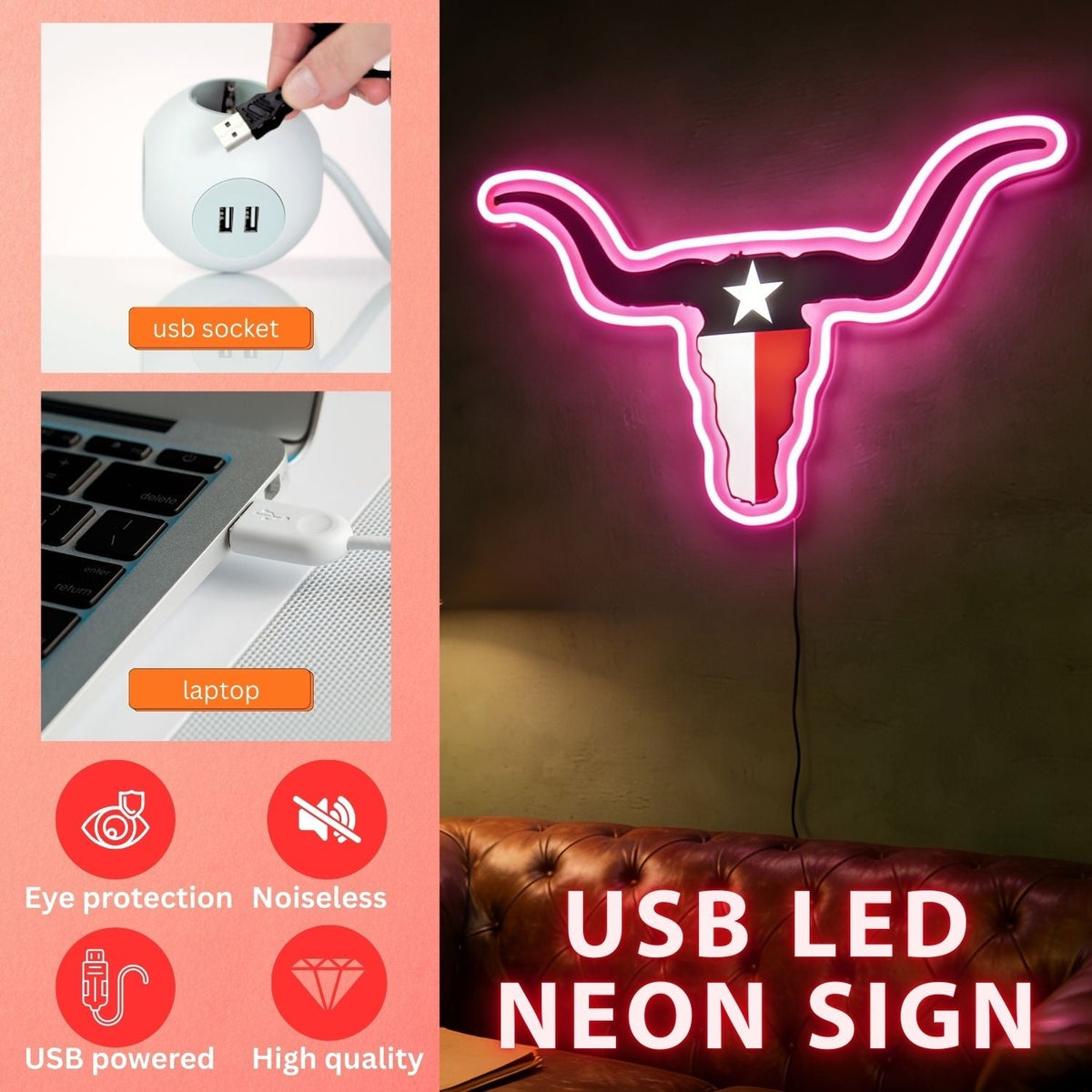 Texas LED USB Neon Signs Iconic Texas Wall Decor for Garages Man Cave