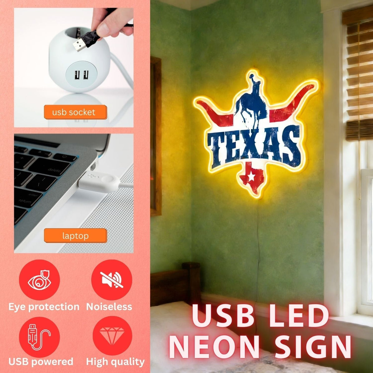 Texas LED USB Neon Signs Iconic Texas Wall Decor for Garages Man Cave