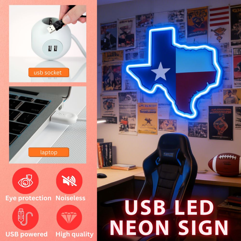 Texas LED USB Neon Signs Iconic Texas Wall Decor for Garages Man Cave