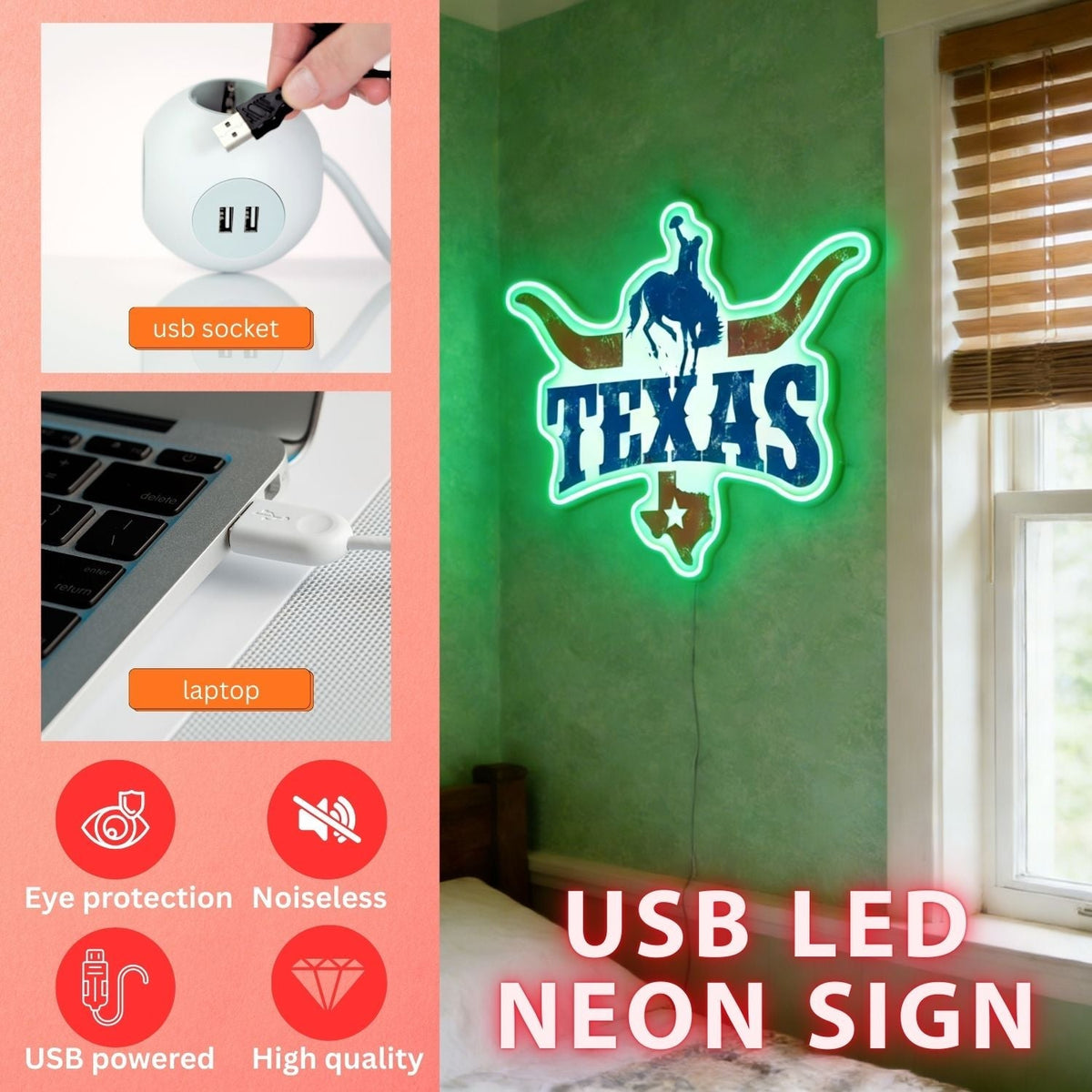 Texas LED USB Neon Signs Iconic Texas Wall Decor for Garages Man Cave