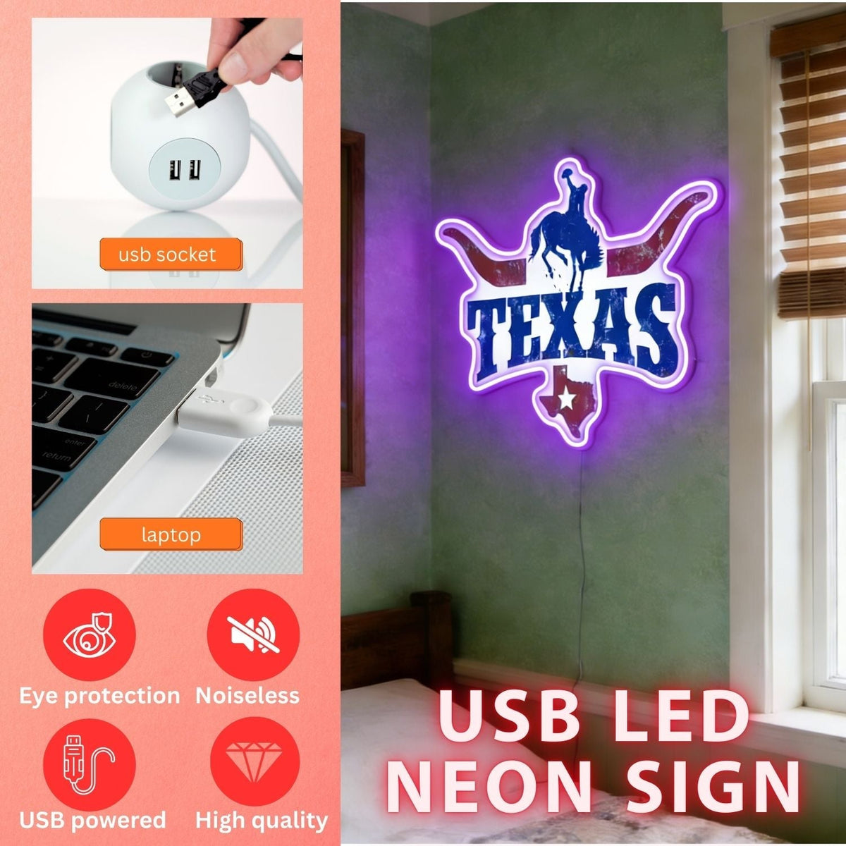 Texas LED USB Neon Signs Iconic Texas Wall Decor for Garages Man Cave