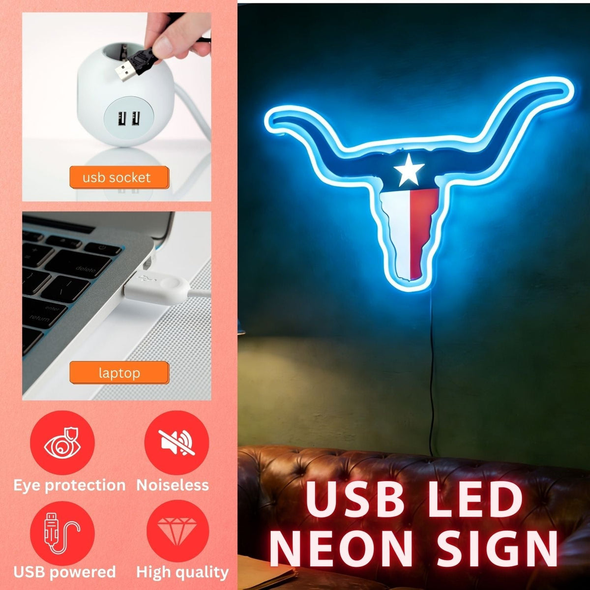 Texas LED USB Neon Signs Iconic Texas Wall Decor for Garages Man Cave