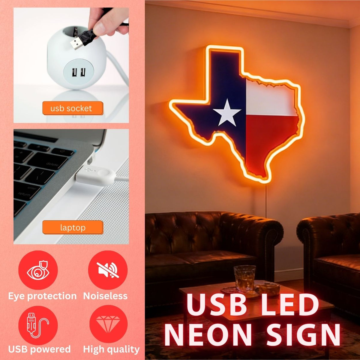Texas LED USB Neon Signs Iconic Texas Wall Decor for Garages Man Cave