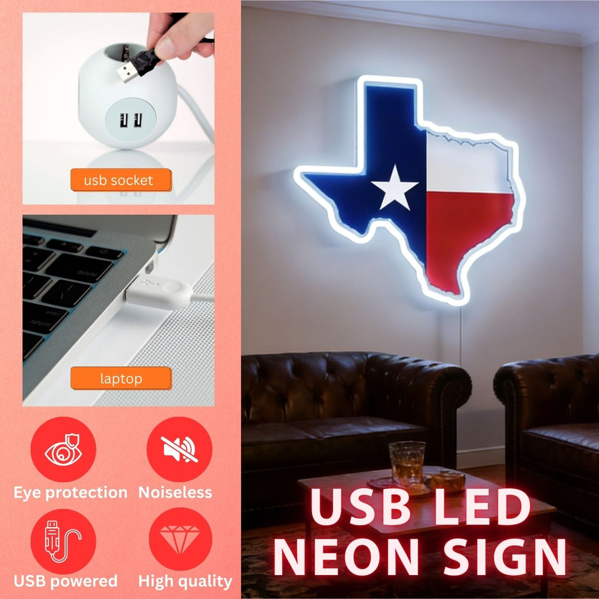 Texas LED USB Neon Signs Iconic Texas Wall Decor for Garages Man Cave