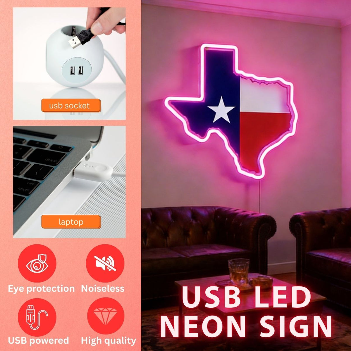 Texas LED USB Neon Signs Iconic Texas Wall Decor for Garages Man Cave