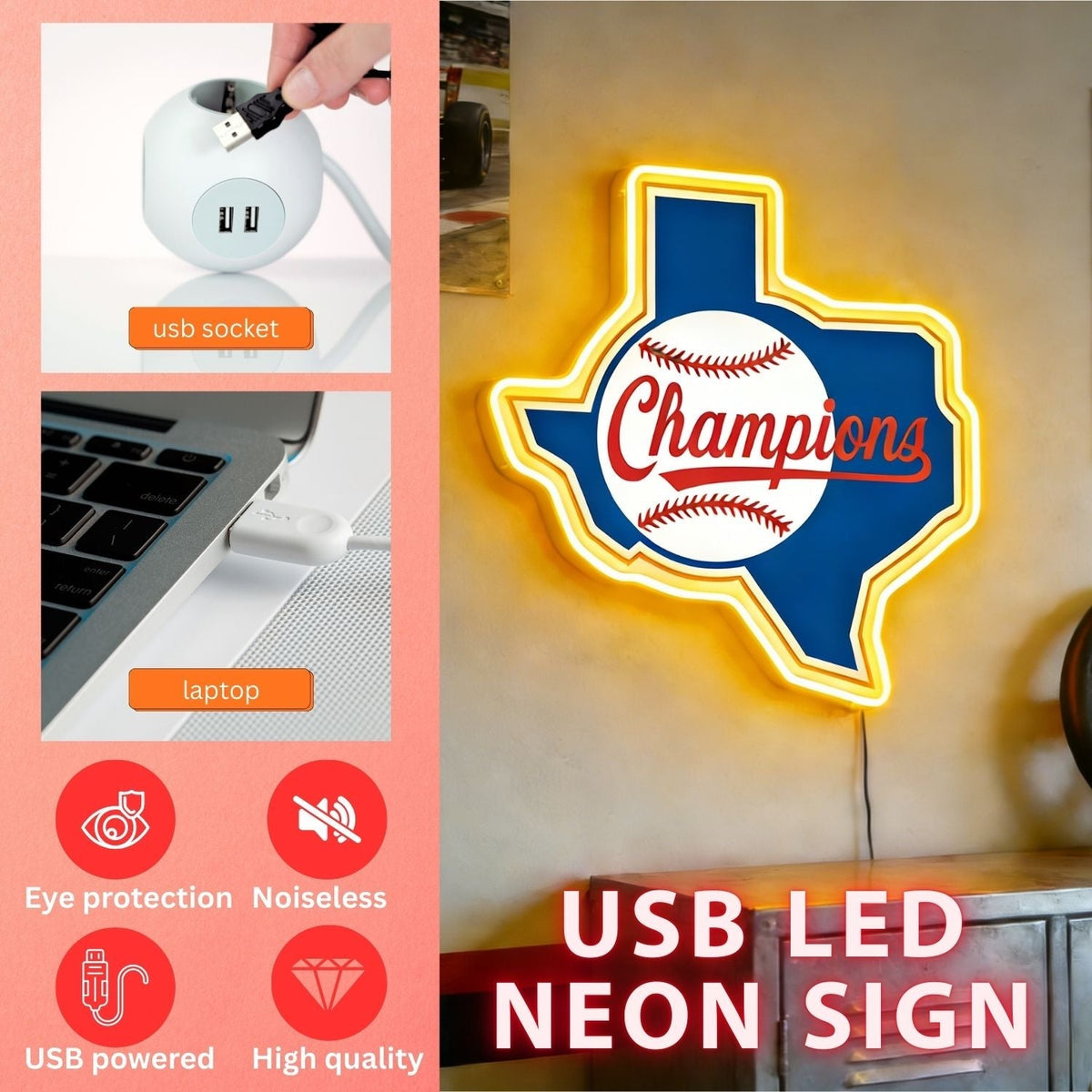 Texas LED USB Neon Signs Iconic Texas Wall Decor for Garages Man Cave