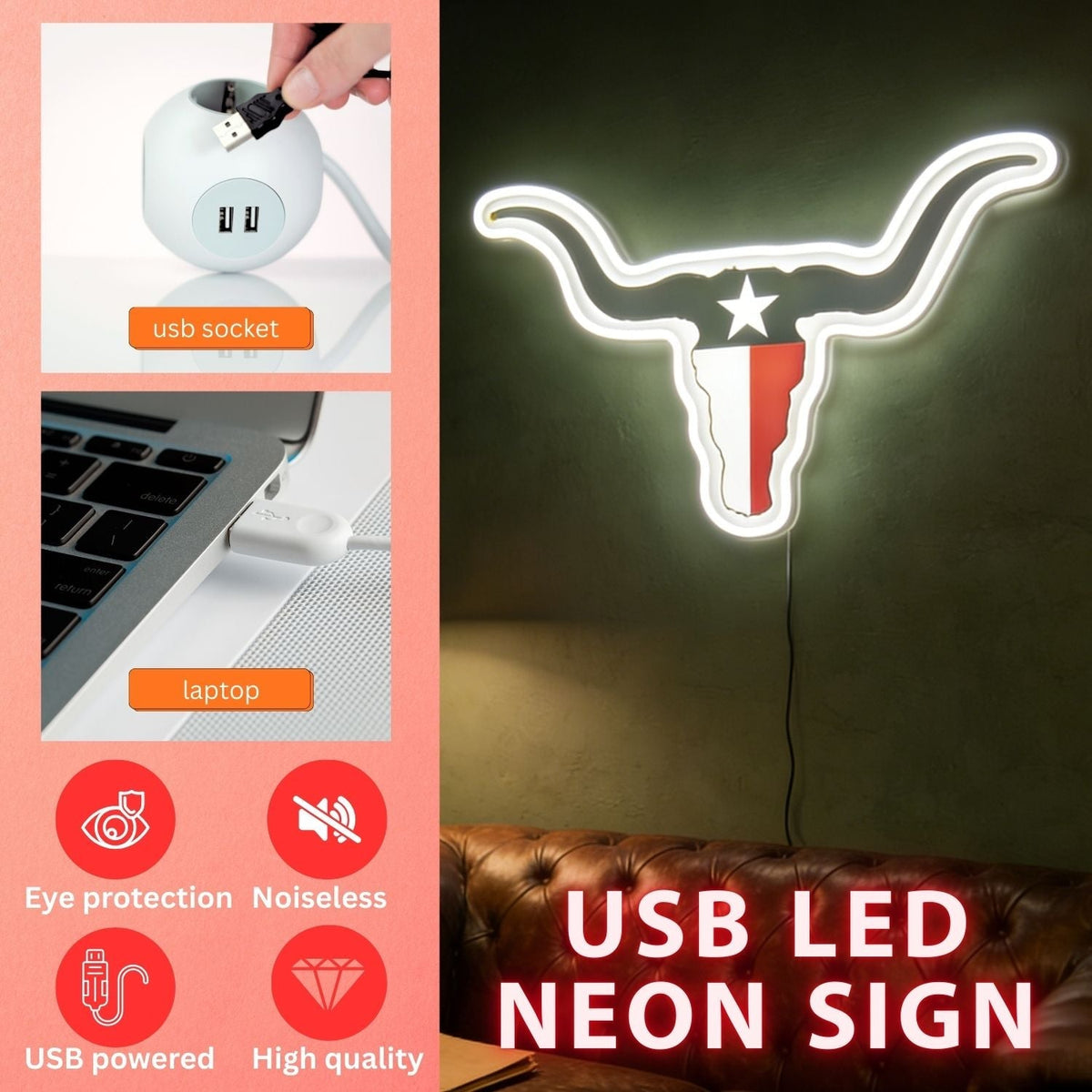 Texas LED USB Neon Signs Iconic Texas Wall Decor for Garages Man Cave