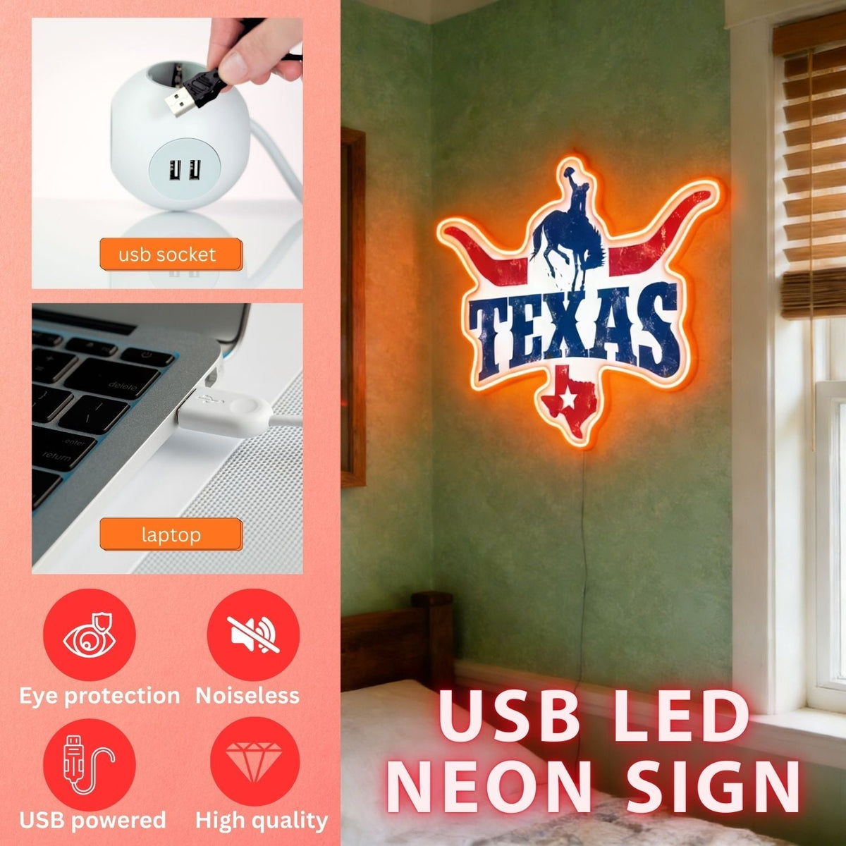 Texas LED USB Neon Signs Iconic Texas Wall Decor for Garages Man Cave