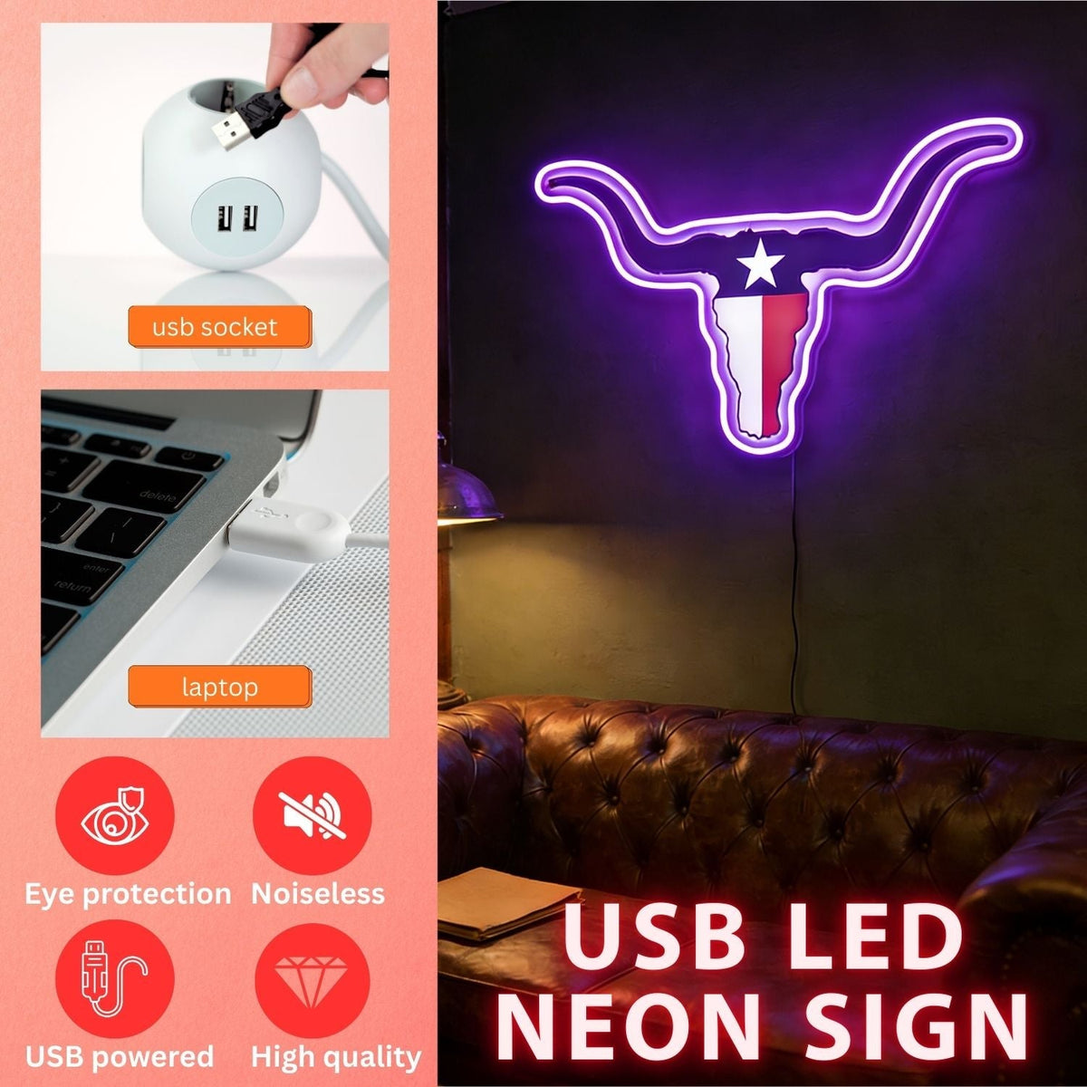 Texas LED USB Neon Signs Iconic Texas Wall Decor for Garages Man Cave