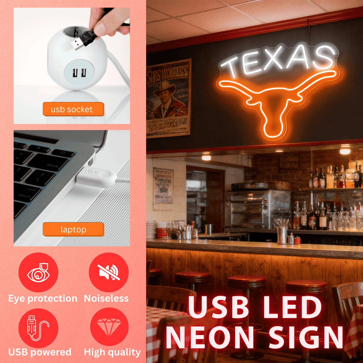 Texas Longhorn LED Neon Sign for Bar, Garage & Man Cave Decor