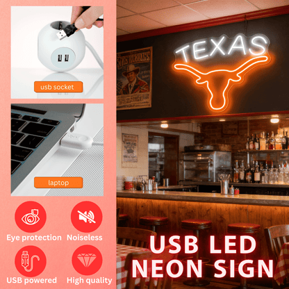 Texas Longhorn LED Neon Sign for Bar, Garage & Man Cave Decor